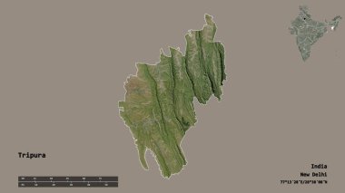 Tripura 'nın şekli, Hindistan eyaleti, sermayesi sağlam bir zemin üzerinde izole edilmiş. Uzaklık ölçeği, bölge önizlemesi ve etiketleri. Uydu görüntüleri. 3B görüntüleme