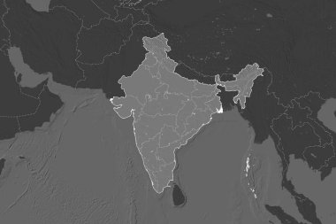 Hindistan 'ın şekli, komşu bölgelerin dedoygunluğuyla ayrılır. Sınırlar. Çift seviyeli yükseklik haritası. 3B görüntüleme