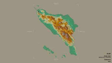 Aceh bölgesi, Endonezya 'nın özerk bölgesi, katı bir arka planda izole edilmiş bir sınır kutusunda. Etiketler. Topografik yardım haritası. 3B görüntüleme