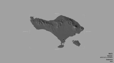 Bali bölgesi, Endonezya vilayeti, jeoreferatlı bir sınır kutusunda sağlam bir arka planda izole edilmiş. Etiketler. Çift seviyeli yükseklik haritası. 3B görüntüleme