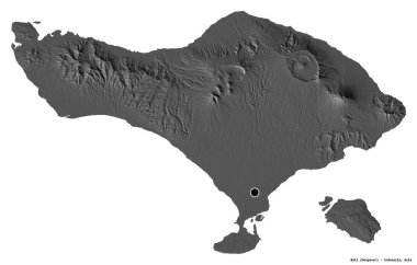 Endonezya 'nın Bali eyaleti, başkenti beyaz arka planda izole edilmiştir. Çift seviyeli yükseklik haritası. 3B görüntüleme
