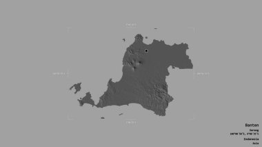 Banten bölgesi, Endonezya vilayeti, jeoreferatlı bir sınır kutusunda sağlam bir arka planda izole edilmiş. Etiketler. Çift seviyeli yükseklik haritası. 3B görüntüleme