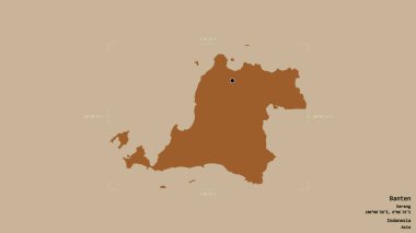 Banten bölgesi, Endonezya vilayeti, jeoreferatlı bir sınır kutusunda sağlam bir arka planda izole edilmiş. Etiketler. Desenli dokuların bileşimi. 3B görüntüleme
