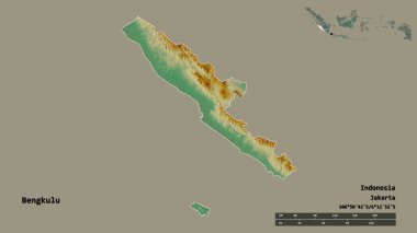 Endonezya 'nın Bengkulu eyaleti, başkenti katı bir zemin üzerinde izole edilmiştir. Uzaklık ölçeği, bölge önizlemesi ve etiketleri. Topografik yardım haritası. 3B görüntüleme