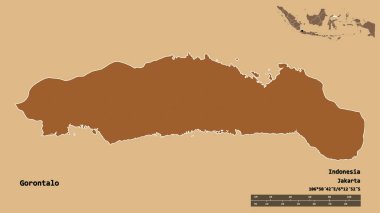 Endonezya 'nın Gorontalo eyaleti, başkenti sağlam bir zemin üzerinde izole edilmiştir. Uzaklık ölçeği, bölge önizlemesi ve etiketleri. Desenli dokuların bileşimi. 3B görüntüleme