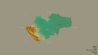 Jambi bölgesi, Endonezya vilayeti, jeoreferatlı bir sınır kutusunda sağlam bir arka planda izole edilmiş. Etiketler. Topografik yardım haritası. 3B görüntüleme
