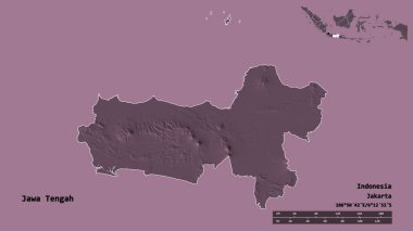 Endonezya 'nın başkenti Jawa Tengah' ın katı arka planda izole edilmiş hali. Uzaklık ölçeği, bölge önizlemesi ve etiketleri. Renkli yükseklik haritası. 3B görüntüleme