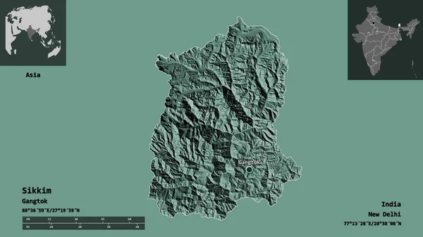 シッキム州 インドの州 およびその首都の形 距離スケール プレビューおよびラベル 色の標高マップ 3Dレンダリング — ストック写真