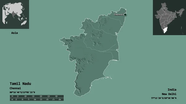 タミル ナードゥ州 インドの州 およびその首都の形 距離スケール プレビューおよびラベル 色の標高マップ 3Dレンダリング — ストック写真