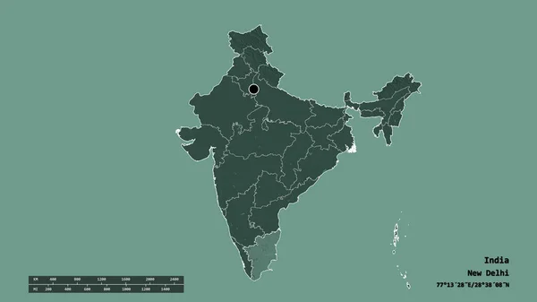 Desaturated Σχήμα Της Ινδίας Πρωτεύουσα Της Κύρια Περιφερειακή Διαίρεση Και — Φωτογραφία Αρχείου