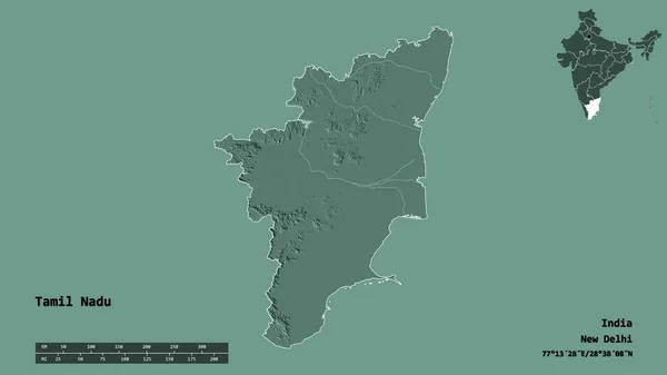 インドのタミル ナードゥ州の形で その首都はしっかりとした背景に孤立しています 距離スケール リージョンプレビュー およびラベル 色の標高マップ 3Dレンダリング — ストック写真