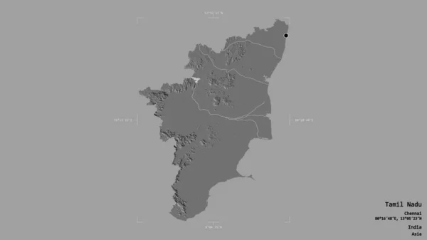 Area of Tamil Nadu, state of India, isolated on a solid background in a georeferenced bounding box. Labels. Bilevel elevation map. 3D rendering