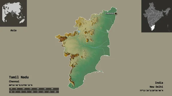 タミル ナードゥ州 インドの州 およびその首都の形 距離スケール プレビューおよびラベル 地形図 3Dレンダリング — ストック写真