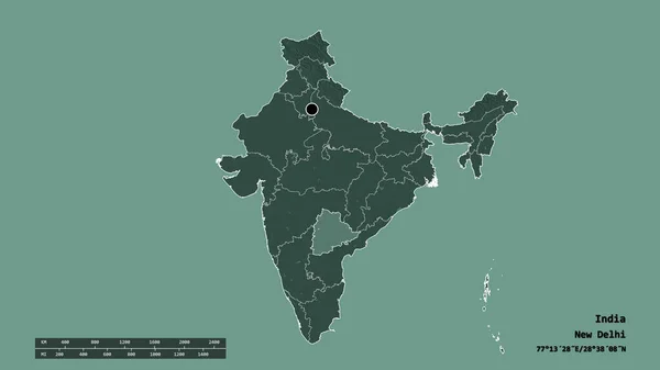 인도의 구분과 지역이 황폐화 형태의 라벨이요 지형도 렌더링 — 스톡 사진