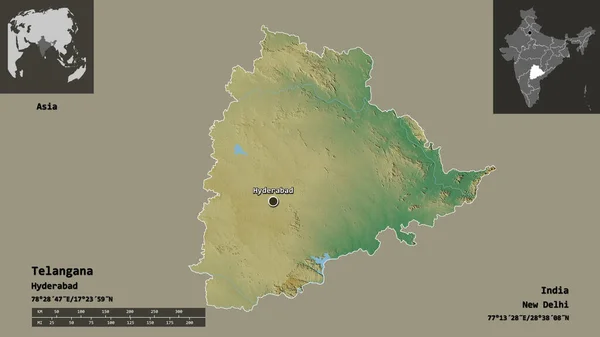 Tvar Telangany Státu Indie Jeho Hlavního Města Měřítko Vzdálenosti Náhledy — Stock fotografie