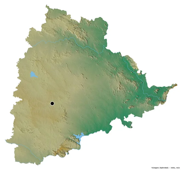 インドの州であるTelanganaの形で 首都は白い背景に孤立しています 地形図 3Dレンダリング — ストック写真