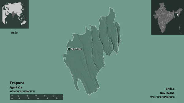 特里普拉邦的形状 印度的邦 及其首都 距离刻度 预览和标签 彩色高程图 3D渲染 — 图库照片