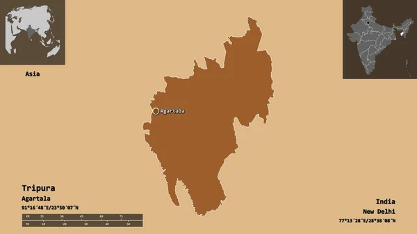 Shape Tripura Bundesstaat Indien Und Seine Hauptstadt Entfernungsskala Vorschau Und — Stockfoto