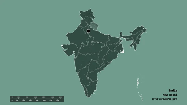 Desaturerad Form Indien Med Dess Huvudstad Huvudsakliga Regionala Uppdelning Och — Stockfoto