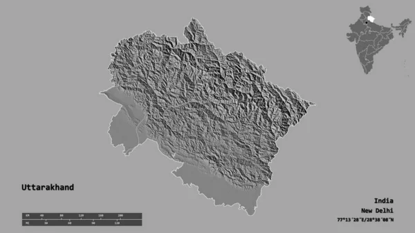 インドの州 ウッタラーカンド州の形で その首都はしっかりとした背景に隔離されています 距離スケール リージョンプレビュー およびラベル 標高マップ 3Dレンダリング — ストック写真