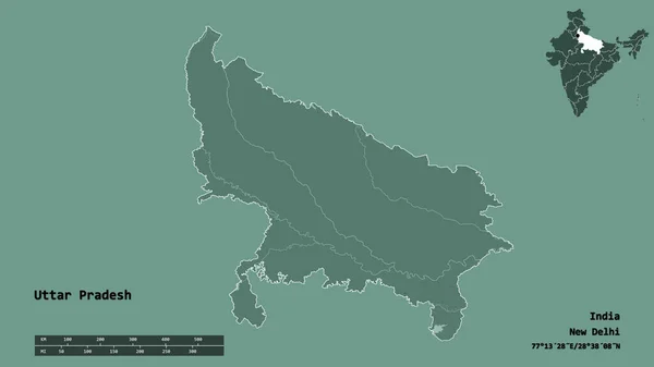 印度北方邦的形状 其首都在坚实的背景下与世隔绝 距离尺度 区域预览和标签 彩色高程图 3D渲染 — 图库照片