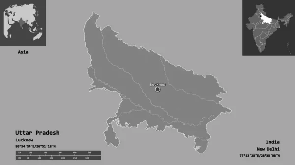 Tvar Uttarpradéše Státu Indie Jeho Hlavního Města Měřítko Vzdálenosti Náhledy — Stock fotografie
