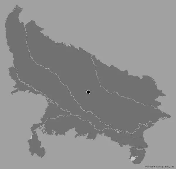 インドの州であるウッタル プラデシュ州の形は その首都をしっかりとした色の背景に隔離しています 標高マップ 3Dレンダリング — ストック写真