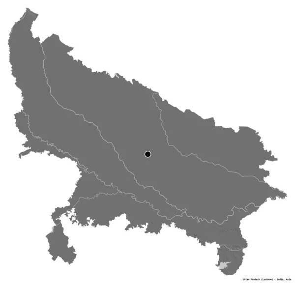 インドの首都ウッタル プラデーシュ州の形は 白い背景に孤立しています 標高マップ 3Dレンダリング — ストック写真