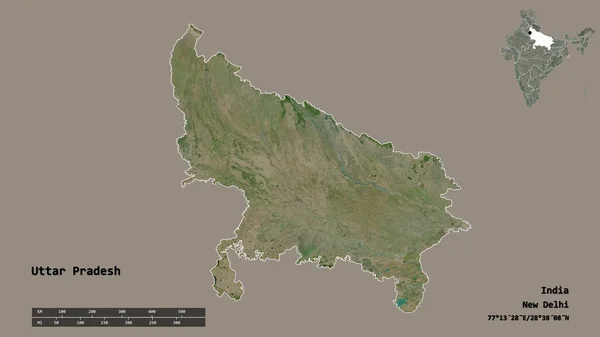 インドの州であるウッタル プラデシュ州の形は その資本がしっかりとした背景に隔離されています 距離スケール リージョンプレビュー およびラベル 衛星画像 3Dレンダリング — ストック写真