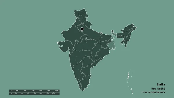 主要な地域部門と分離した西ベンガル地域とインドの荒廃した形 ラベル 色の標高マップ 3Dレンダリング — ストック写真