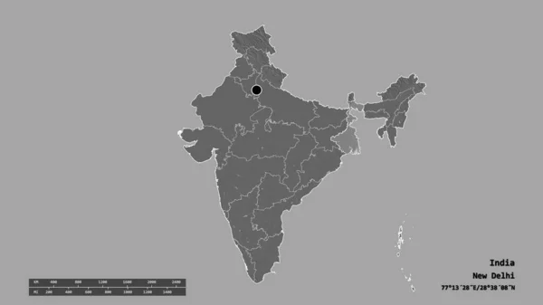 主要な地域部門と分離した西ベンガル地域とインドの荒廃した形 ラベル 標高マップ 3Dレンダリング — ストック写真