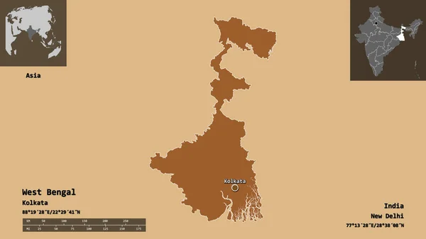 西ベンガル州 インド州 首都の形 距離スケール プレビューおよびラベル パターン化されたテクスチャの構成 3Dレンダリング — ストック写真