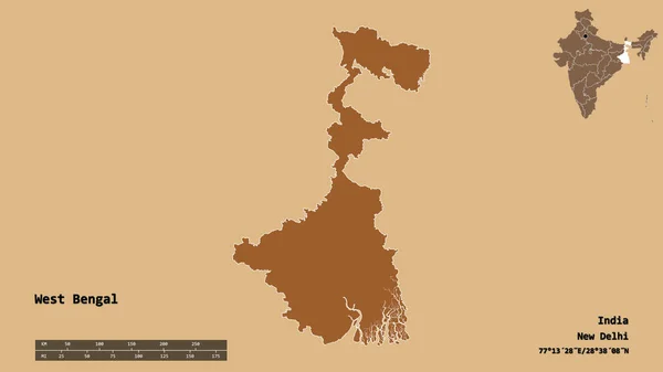 印度邦西孟加拉邦的形状 其首都在坚实的背景下与世隔绝 距离尺度 区域预览和标签 图形纹理的组成 3D渲染 — 图库照片