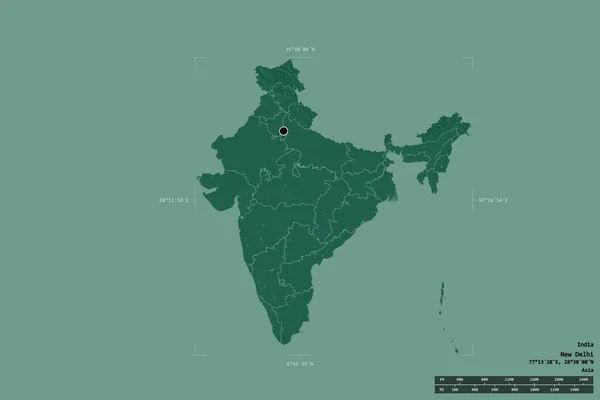 インドの地域は 洗練された境界の箱の中の強固な背景に隔離されました 主な地域部門 距離スケール ラベル 色の標高マップ 3Dレンダリング — ストック写真