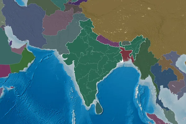 Расширенная Территория Индии Странами Международными Региональными Границами Цветная Карта Высоты — стоковое фото