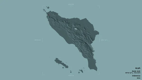 インドネシアの自治州アチェの地域は 洗練された境界ボックス内の強固な背景に隔離されています ラベル 色の標高マップ 3Dレンダリング — ストック写真