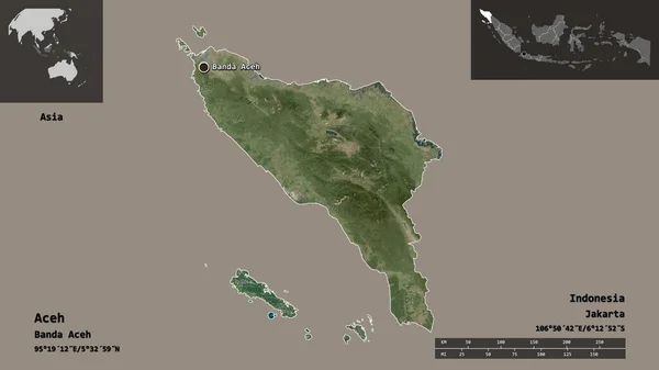 アチェの形 インドネシアの自治州 およびその首都 距離スケール プレビューおよびラベル 衛星画像 3Dレンダリング — ストック写真