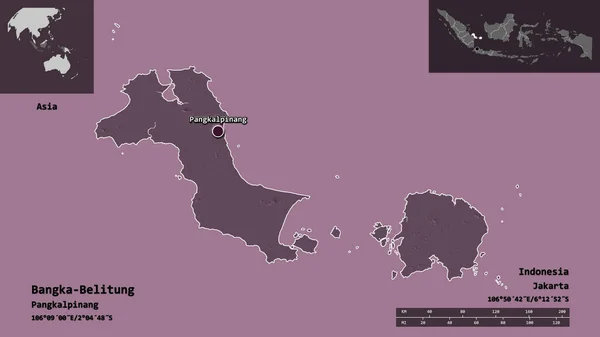 インドネシアの州バンカ ベリトゥングとその首都の形 距離スケール プレビューおよびラベル 色の標高マップ 3Dレンダリング — ストック写真