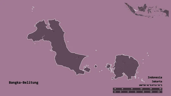 インドネシアの州バンカ ベリトゥングの形で その首都はしっかりとした背景に隔離されています 距離スケール リージョンプレビュー およびラベル 色の標高マップ 3Dレンダリング — ストック写真