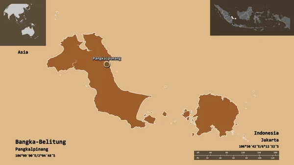 インドネシアの州バンカ ベリトゥングとその首都の形 距離スケール プレビューおよびラベル パターン化されたテクスチャの構成 3Dレンダリング — ストック写真