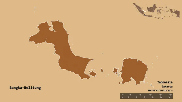 インドネシアの州バンカ ベリトゥングの形で その首都はしっかりとした背景に隔離されています 距離スケール リージョンプレビュー およびラベル パターン化されたテクスチャの構成 3Dレンダリング — ストック写真