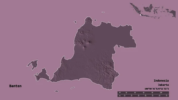 インドネシアの州バンテンの形で その首都はしっかりとした背景に隔離されています 距離スケール リージョンプレビュー およびラベル 色の標高マップ 3Dレンダリング — ストック写真