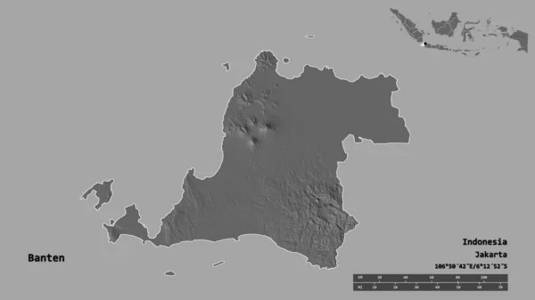 インドネシアの州バンテンの形で その首都はしっかりとした背景に隔離されています 距離スケール リージョンプレビュー およびラベル 標高マップ 3Dレンダリング — ストック写真