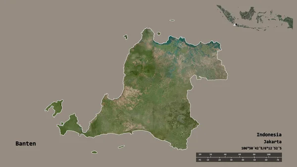 インドネシアの州バンテンの形で その首都はしっかりとした背景に隔離されています 距離スケール リージョンプレビュー およびラベル 衛星画像 3Dレンダリング — ストック写真