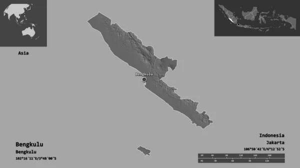 印度尼西亚班加鲁省及其首都的形状 距离刻度 预览和标签 Bilevel高程图 3D渲染 — 图库照片