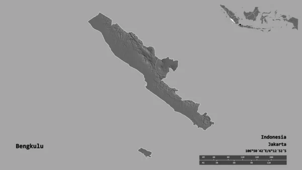 インドネシア共和国のベンクル州の形で その首都はしっかりとした背景に隔離されています 距離スケール リージョンプレビュー およびラベル 標高マップ 3Dレンダリング — ストック写真