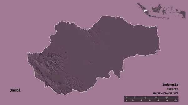 インドネシアの省 ジャンビの形状は その資本がしっかりとした背景に隔離されています 距離スケール リージョンプレビュー およびラベル 色の標高マップ 3Dレンダリング — ストック写真