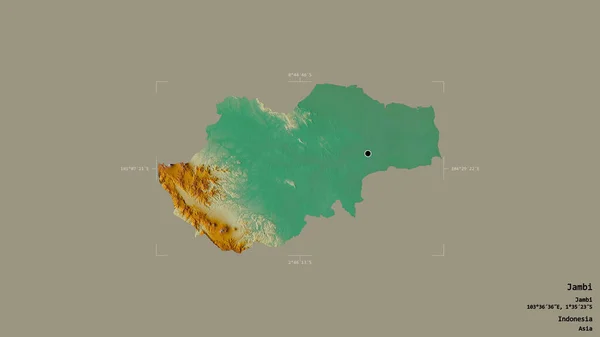 インドネシアのジャンビ州の地域は 洗練された境界ボックス内の強固な背景に隔離されています ラベル 地形図 3Dレンダリング — ストック写真