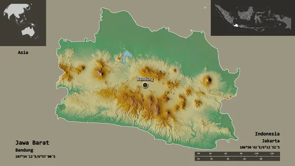 印度尼西亚Jawa Barat的形状及其首都 距离刻度 预览和标签 地形浮雕图 3D渲染 — 图库照片