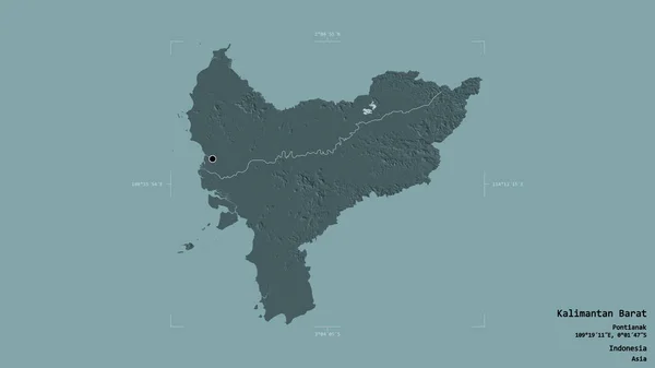 インドネシアの州カリマンタン バラットの地域は 洗練された境界の箱の中にしっかりとした背景に隔離されています ラベル 色の標高マップ 3Dレンダリング — ストック写真